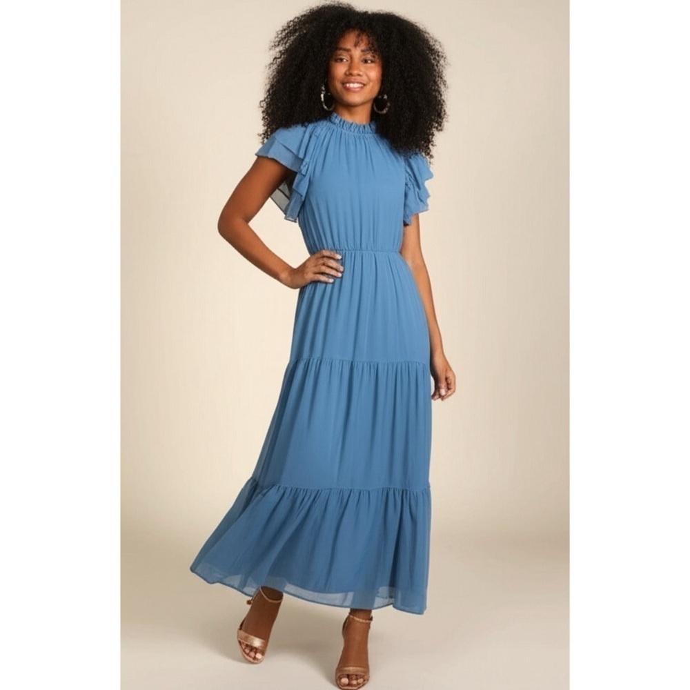HAPTICS Coastal Blue Maxi Dress Pockets Ruffle Short Sleeve Large new